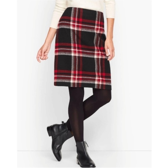 Talbots Skirt Plaid Wool Windowpane Pencil Winter Boots Holiday Red Black Petite